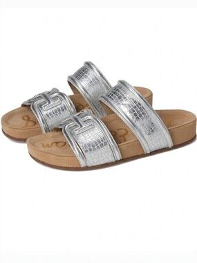 Sam Edelman Rowan Metallic Silver Croc Embossed Slide Sandals Size 8 NIB
